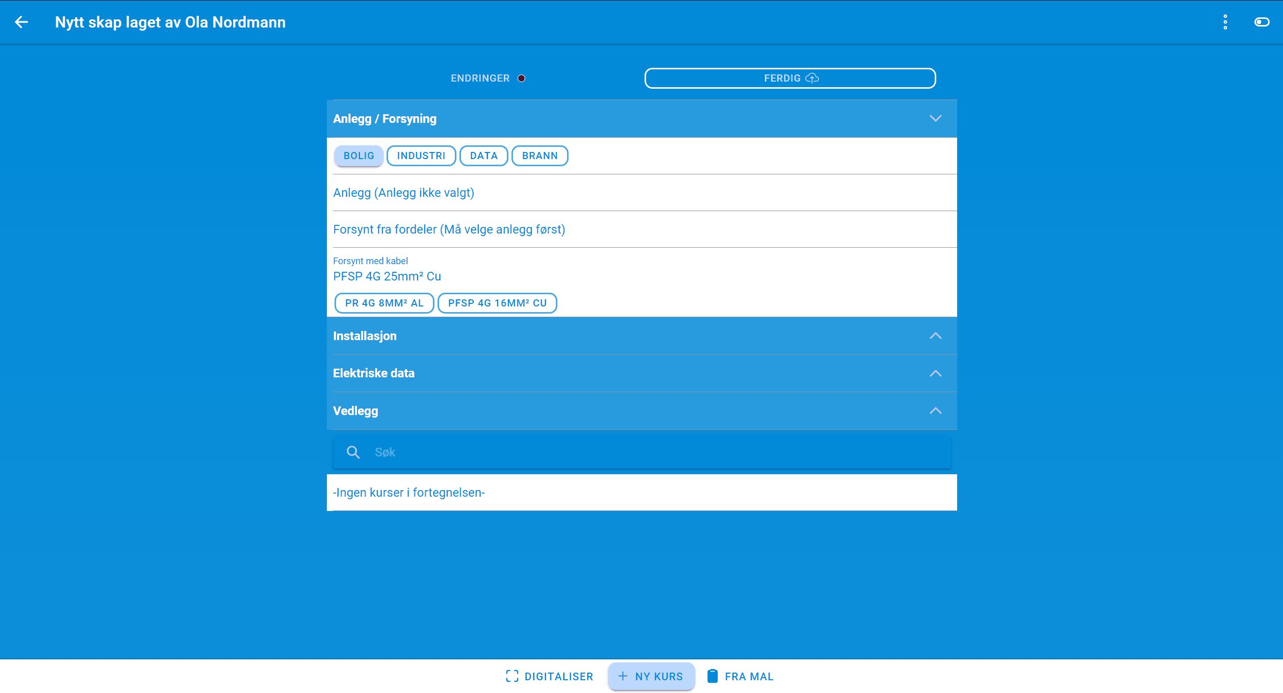 Kursfortegnelse opprettelse av skap, nettsystem